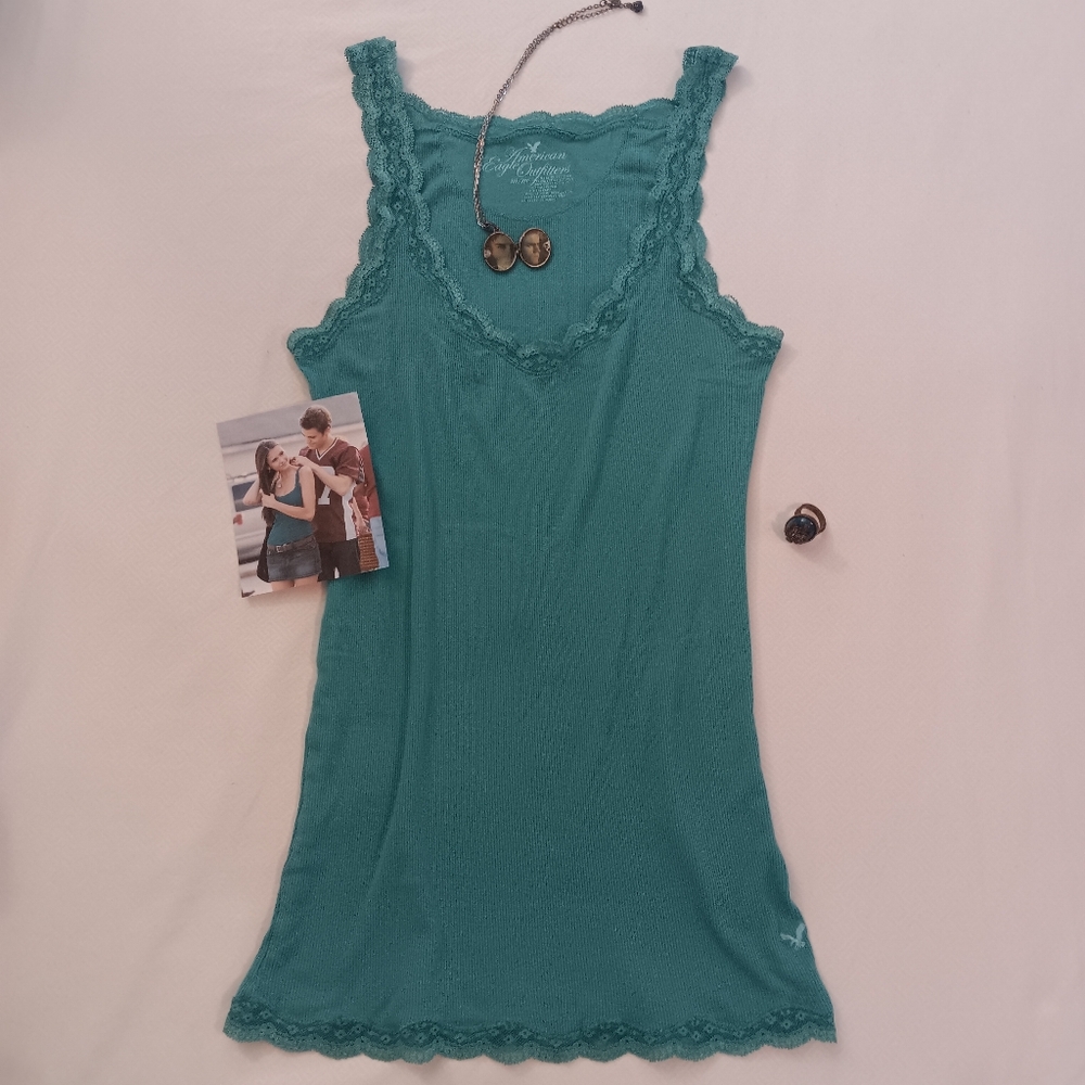 American Eagle Outfitters Teal Lace Tank Top ASO Elena Gilbert